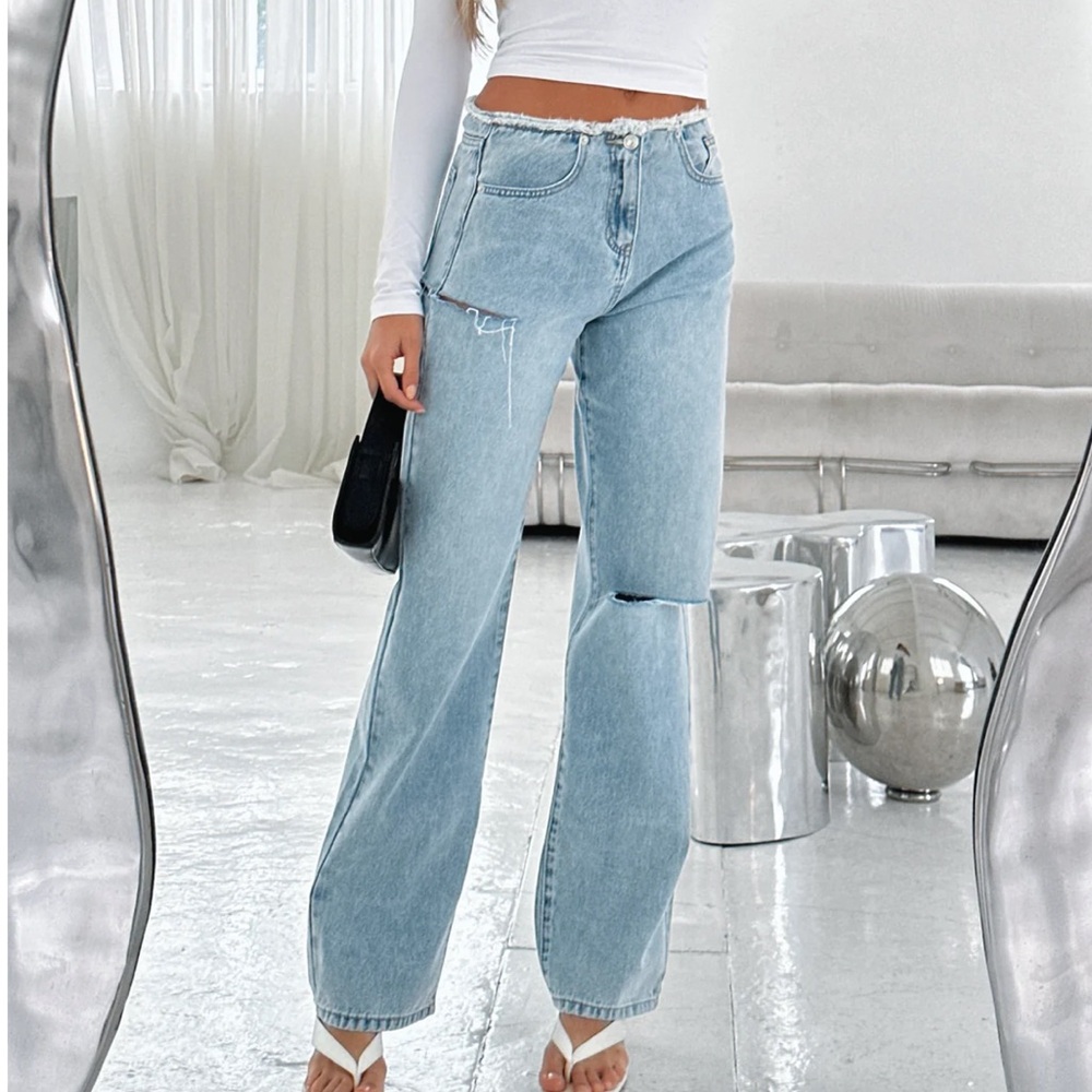 Distressed Hem Mid Rise Straight Leg Jeans Blue Brown Acid Wash